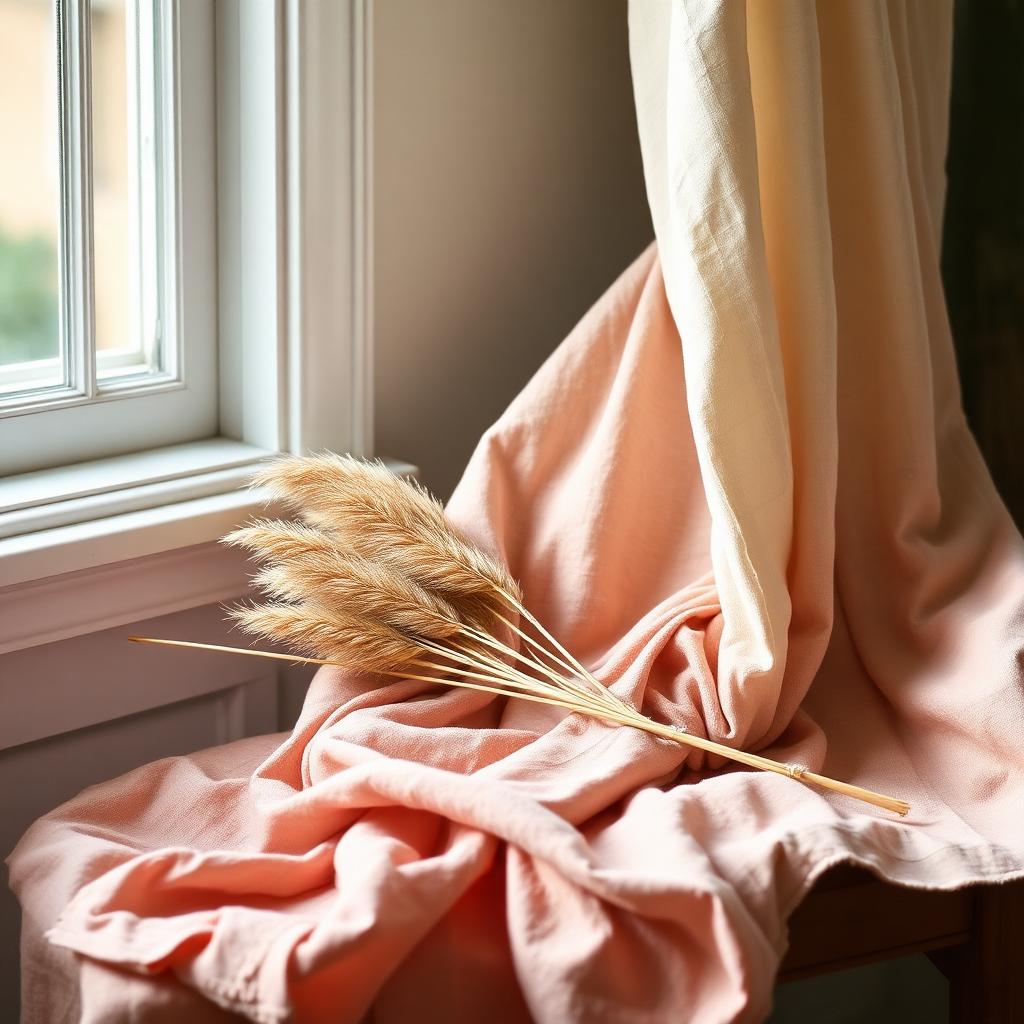 Soft dusty rose linen draped on a wooden bench with dried pampas grass by a sunlit window