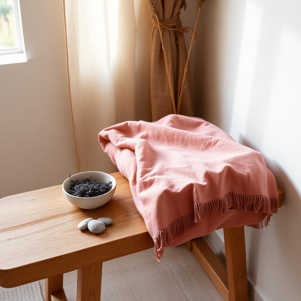 Candles and healing crystals arranged on warm linen, ritual aesthetic